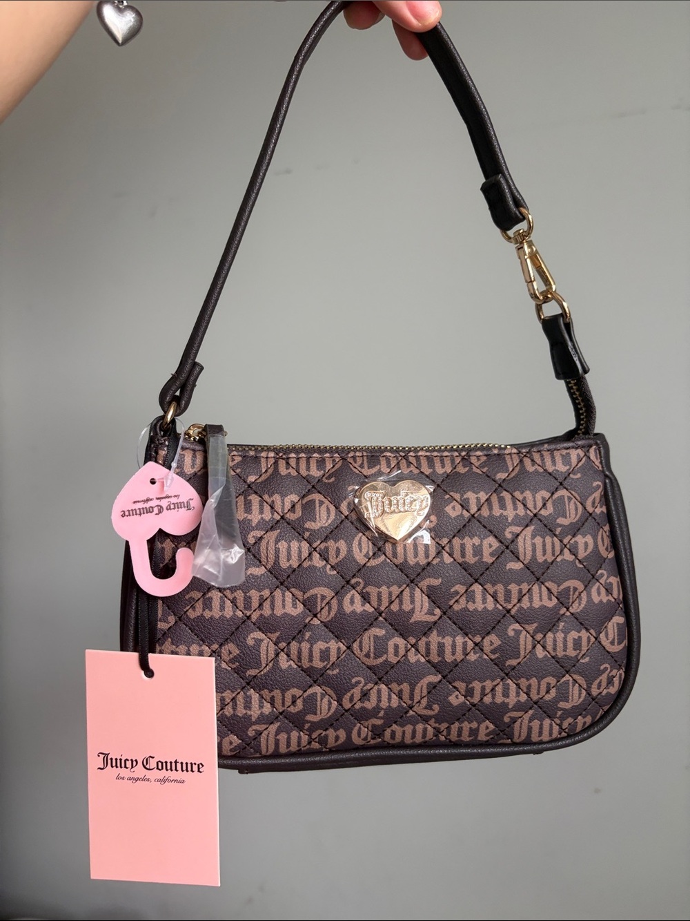 NWT | Juicy Couture Brown Monogram Quilted Shoulder Bag with Gold Heart Plaque